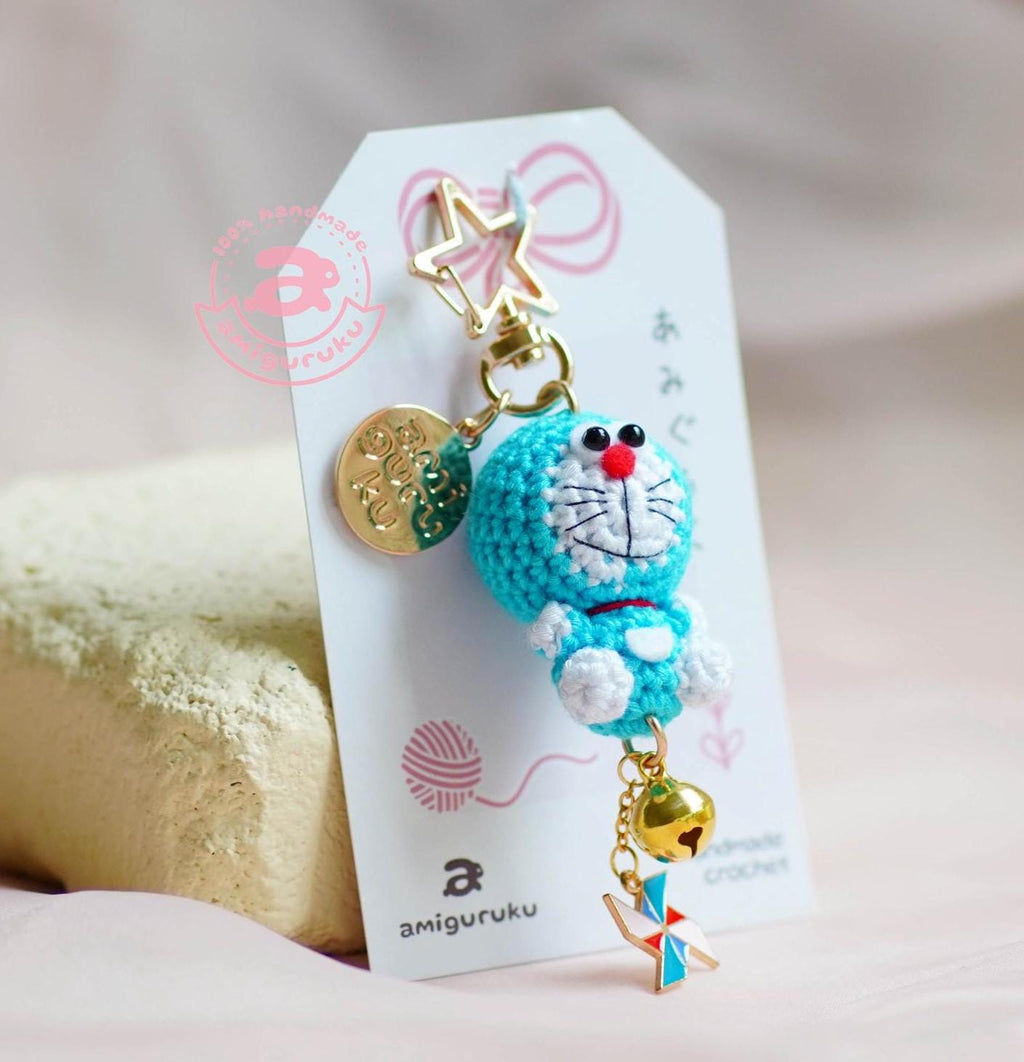 Blue Robo Cat Amigurumi Keychain